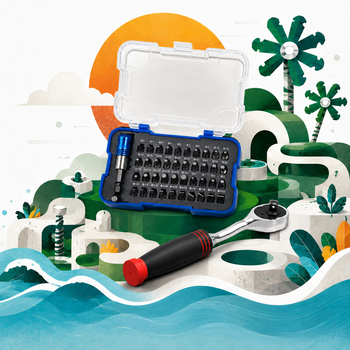 ToolsIsland 42-piece bit set and Hybrid Stealth ratchet on a minimalist island
